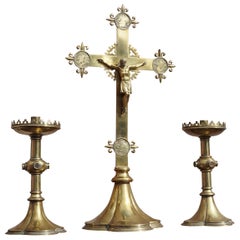 Antique Gothic Revival Brass Crucifix w. Bronze Corpus & Matching Candle Sticks