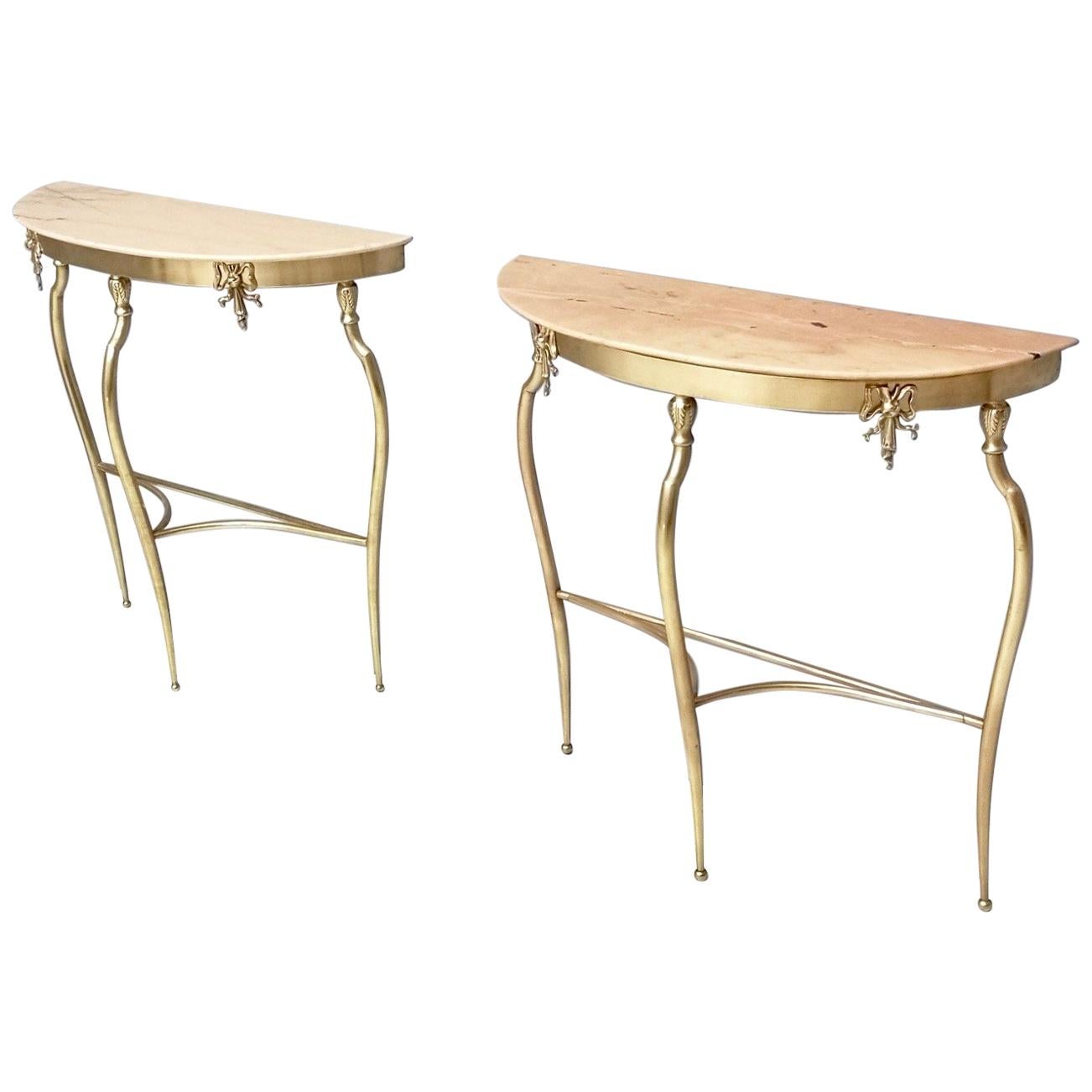 Pair of Console Tables with Demilune Portuguese Pink Marble Top, Italy, 1950s