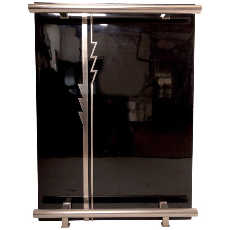 1930s Black Piano Lacquer Dry Bar with Art Deco Pattern from France For
