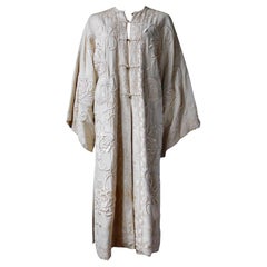 Antique Chinese Cantonese Embroidered Robe Ivory White with Bronze Buttons