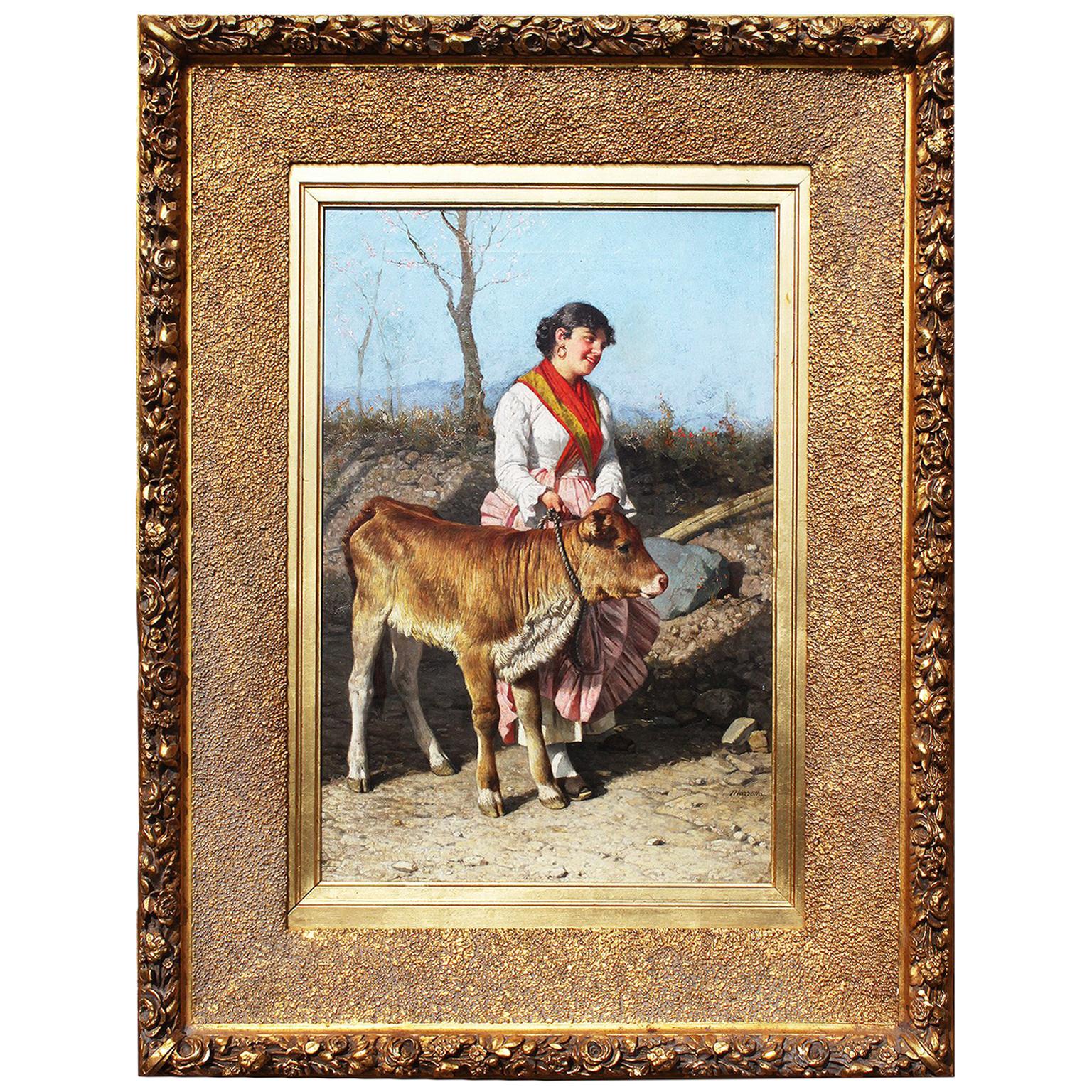 Federico Mazzotta 'Italian, 1839-1897' a 19th Century Oil on Canvas Maiden & Cow
