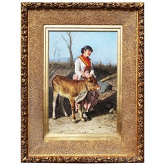 Antique Federico Mazzotta 'Italian, 1839-1897' a 19th Century Oil on Canvas Maiden & Cow