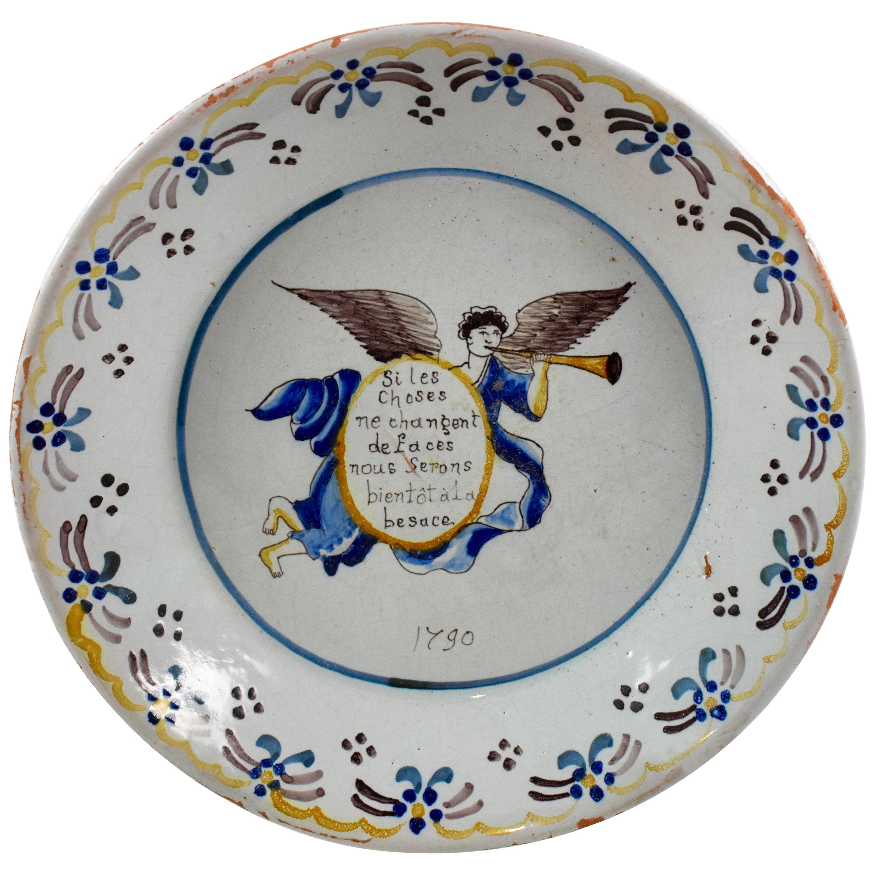 18th Century Nevers French Revolution Tin-Glazed Faïence Dish, Angel & Motto