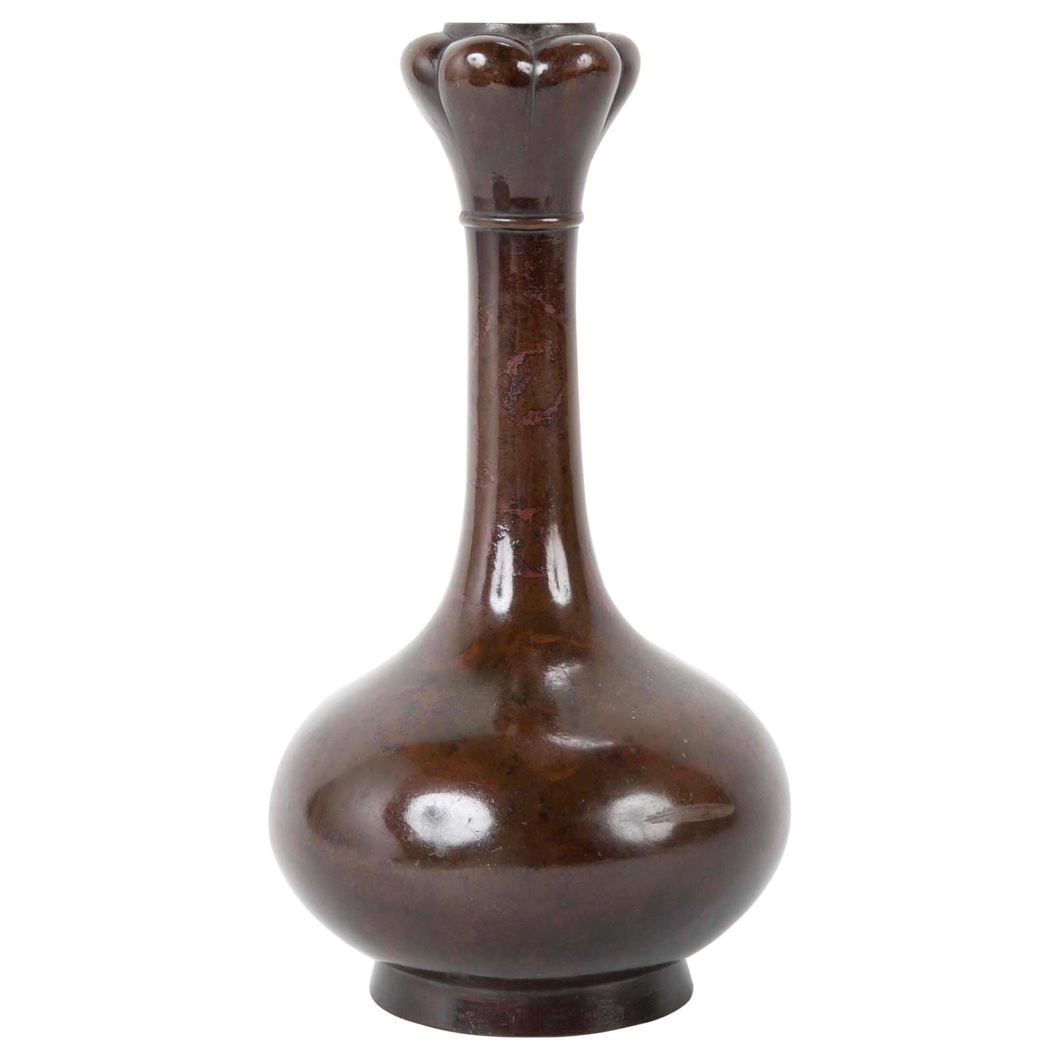 "Garlic Top" Long Neck Patinated Bronze Vase For Sale