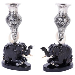 Pair of Anglo Indian Silver Vases on Carved Wood Elephants