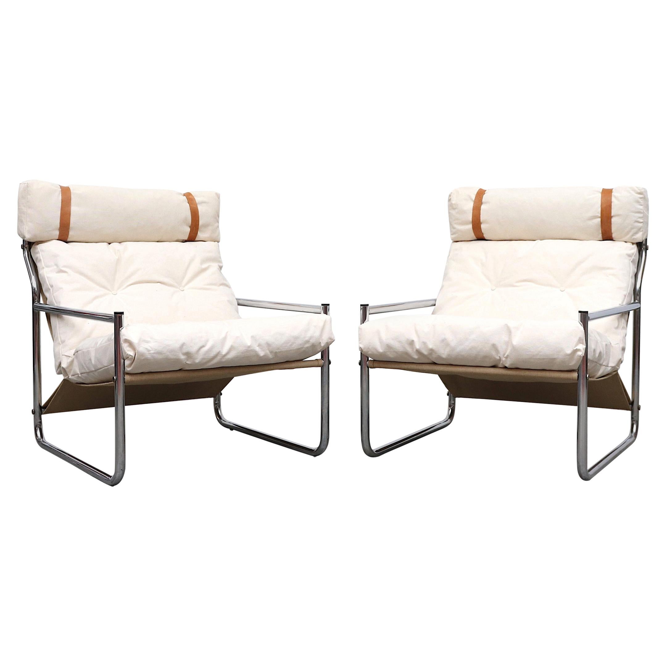Pair of Chrome and Canvas Lounge Chairs with Headrests