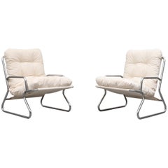 Pair of Kho Liang Ie Inspired Chrome and Canvas Upholstered Lounge Chairs