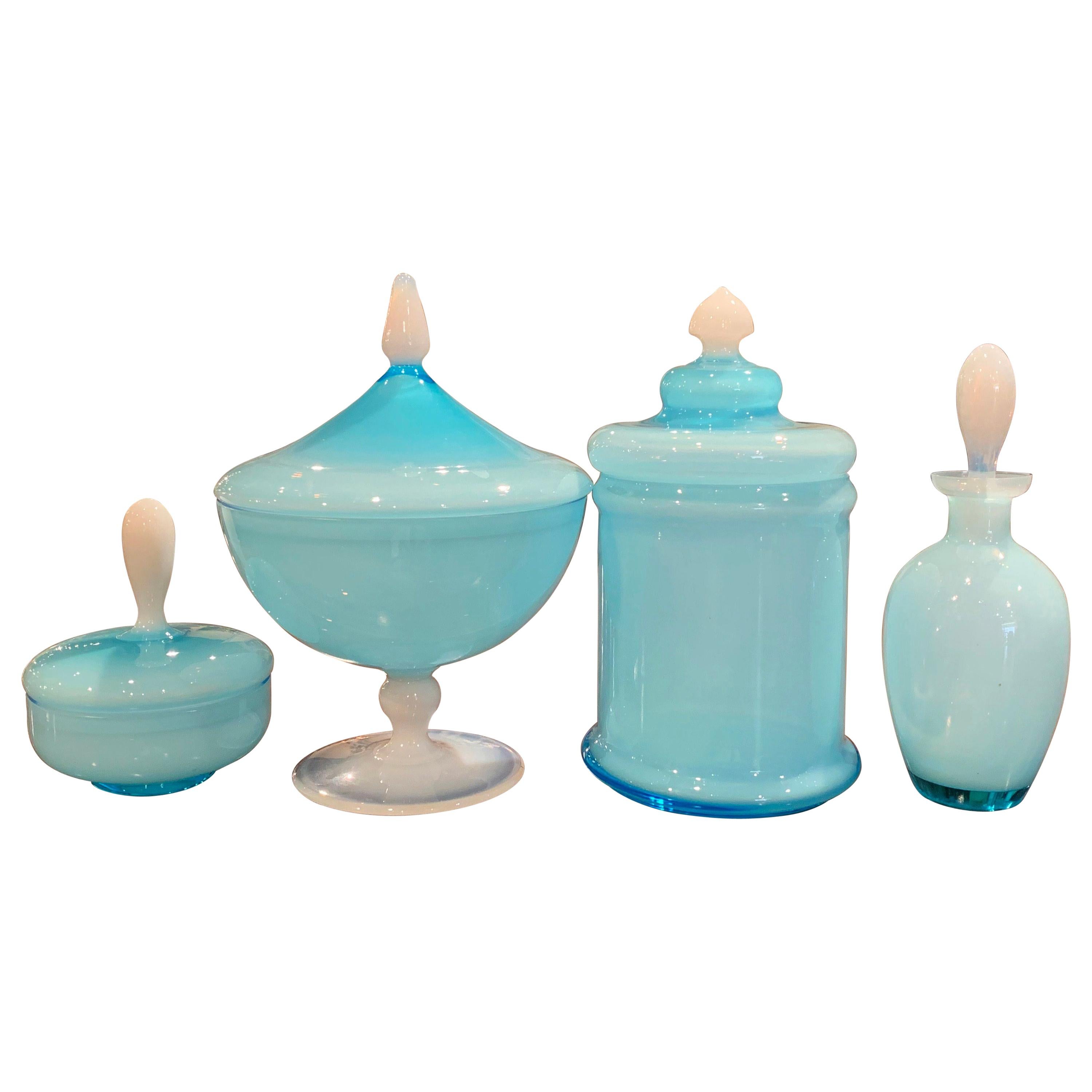 Early 20th Century Set of French Blue Opaline Toiletry and Perfume Glass Bottles
