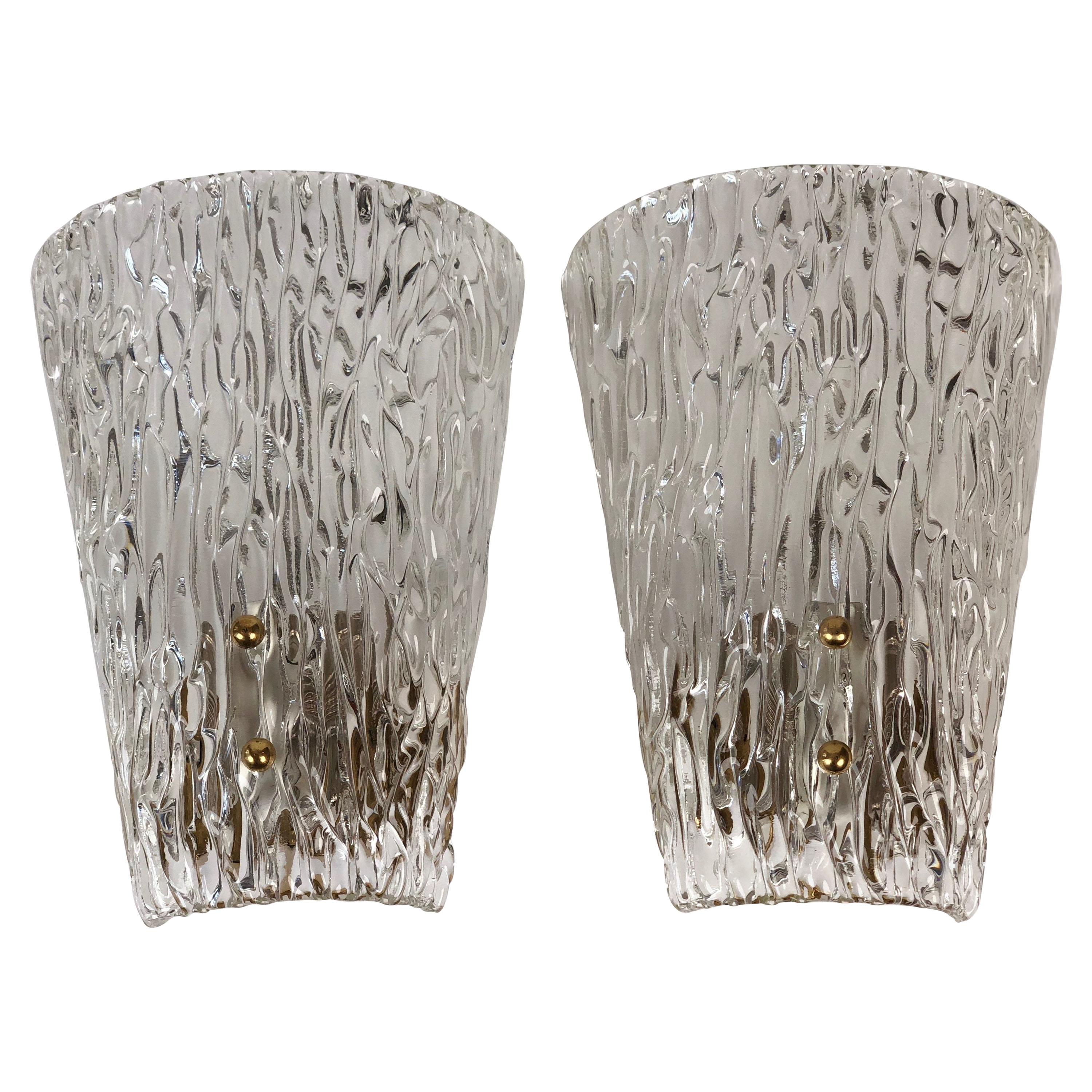 Pair of J.T. Kalmar Midcentury Wall Lights, Textured Glass and Brass
