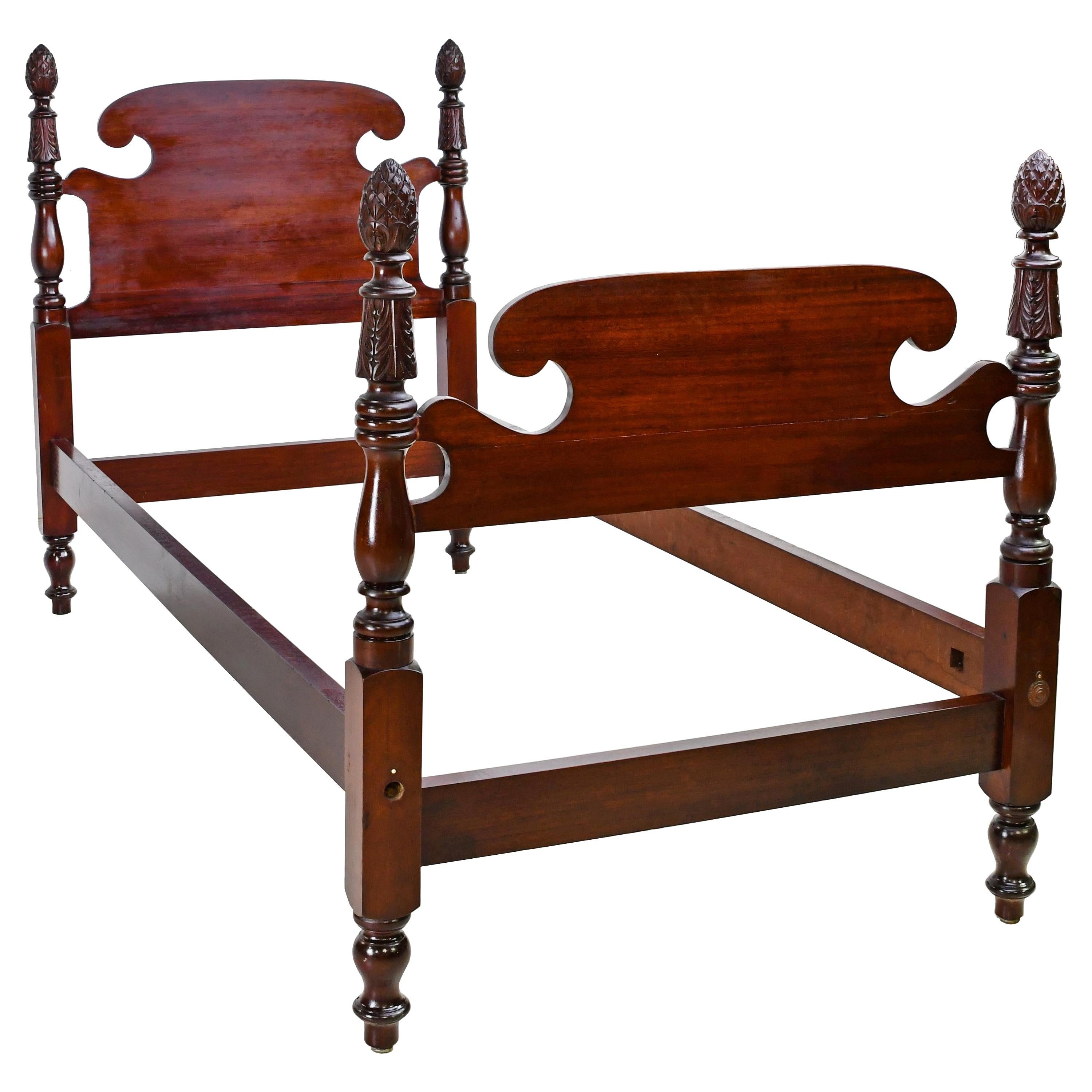 Pair of 20th Century Sheraton Style Twin Beds with Turned and Carved Short Posts