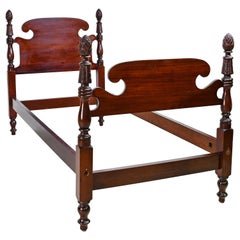Retro Pair of 20th Century Sheraton Style Twin Beds with Turned and Carved Short Posts