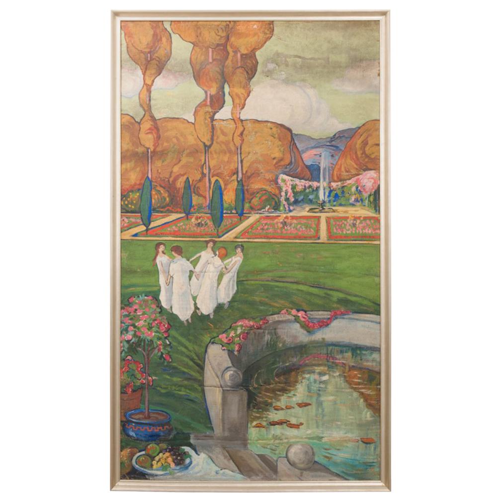 Large French Early 20th Century Art Nouveau Oil-on-Canvas