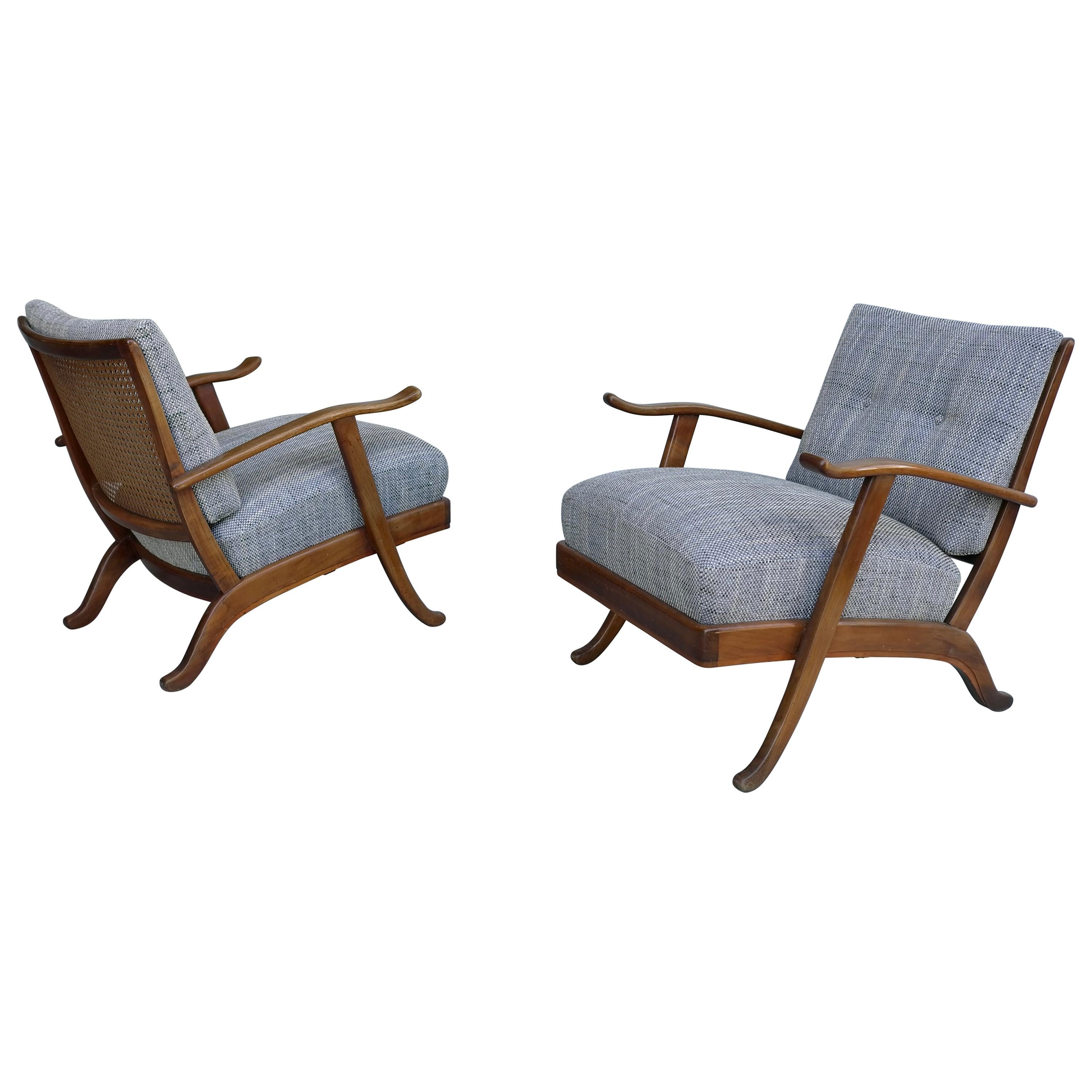 Pair of Organic Lounge Chair in Wood and Wicker, Italy, 1950s