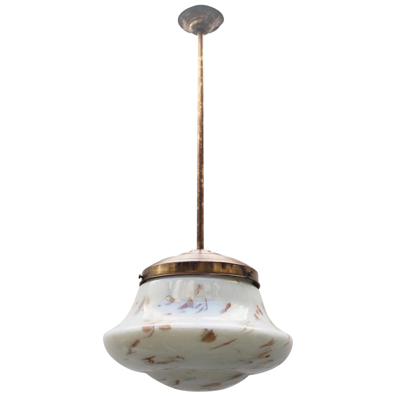 Art Deco Marble Glass and Brass Pendant Spanish Lamp, 1930s For Sale