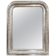 19th Century French Louis Philippe Silver Leaf Mirror with Embossed Scroll Decor