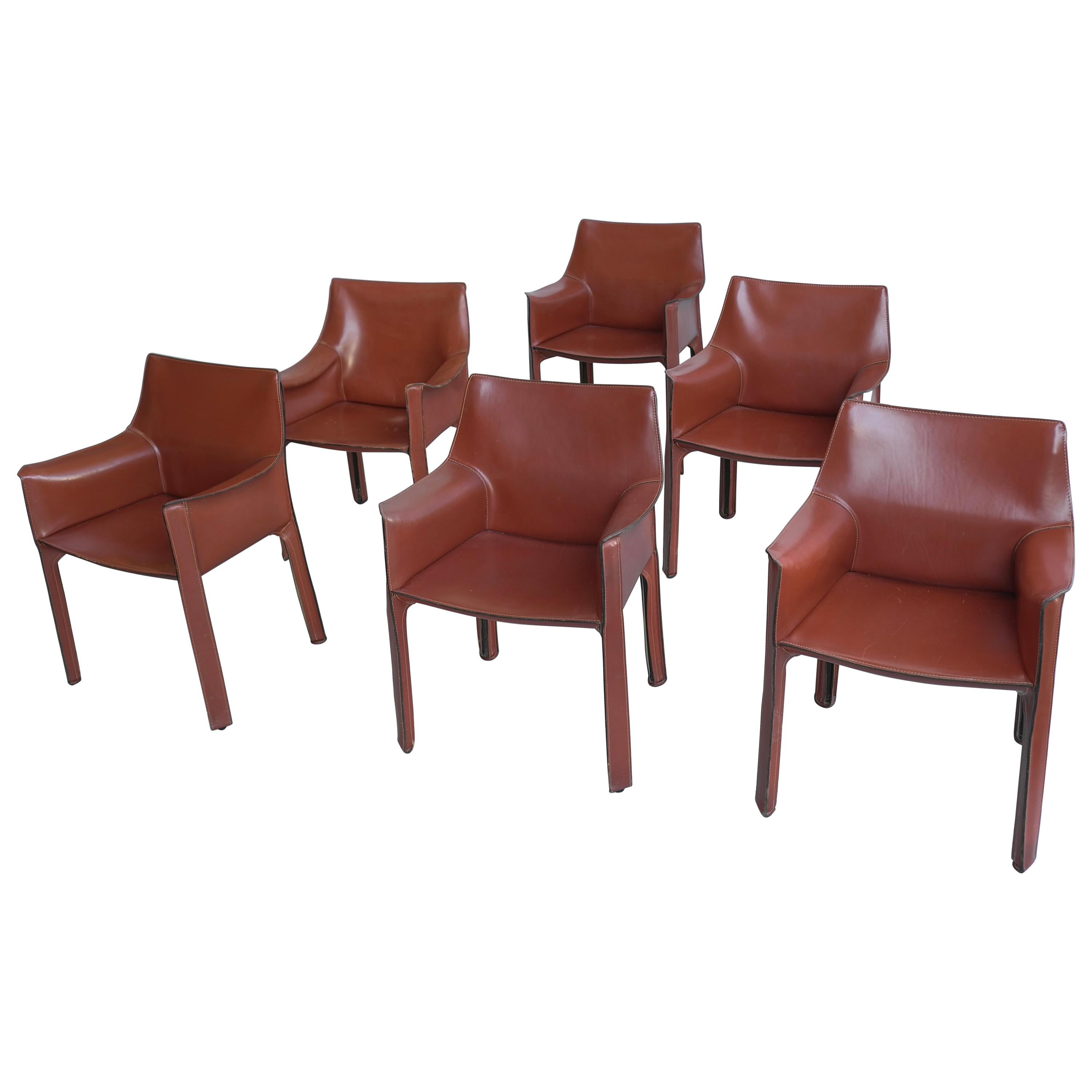 Set of Six Mario Bellini Leather Cab Chairs by Cassina Italy