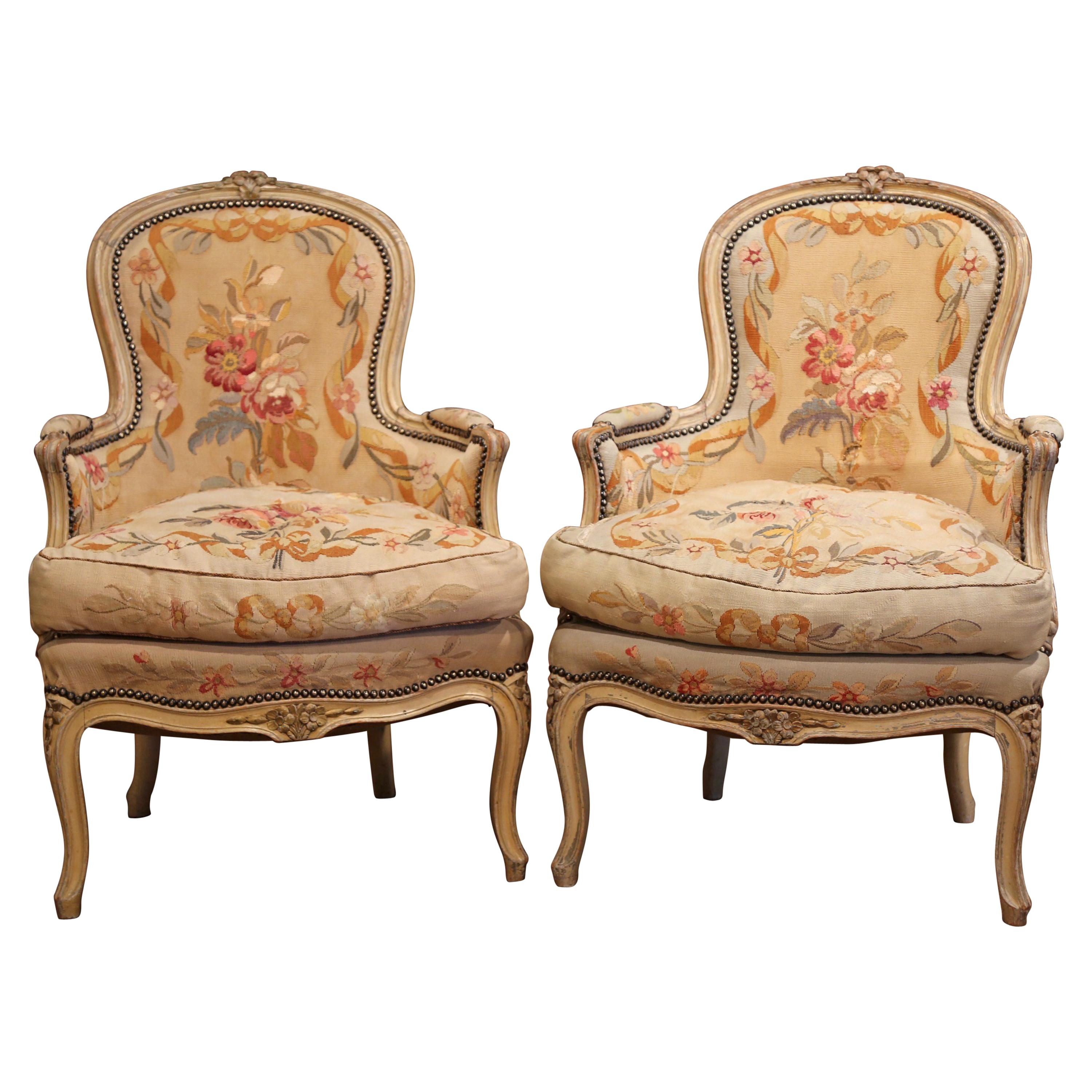 Pair of 19th Century French Louis XV Carved Armchairs with Aubusson Tapestry