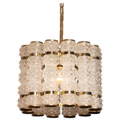 1960s, Brass and Crystal Cylinder Chandelier by Tyringe for Orrefors, Sweden