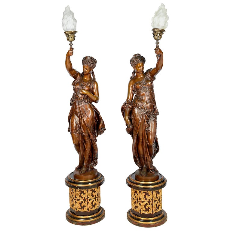 Large Pair Floor Standing 19th Century Bronze Lamps Large Pair Floor Standing 19th Century Bronze Lamps