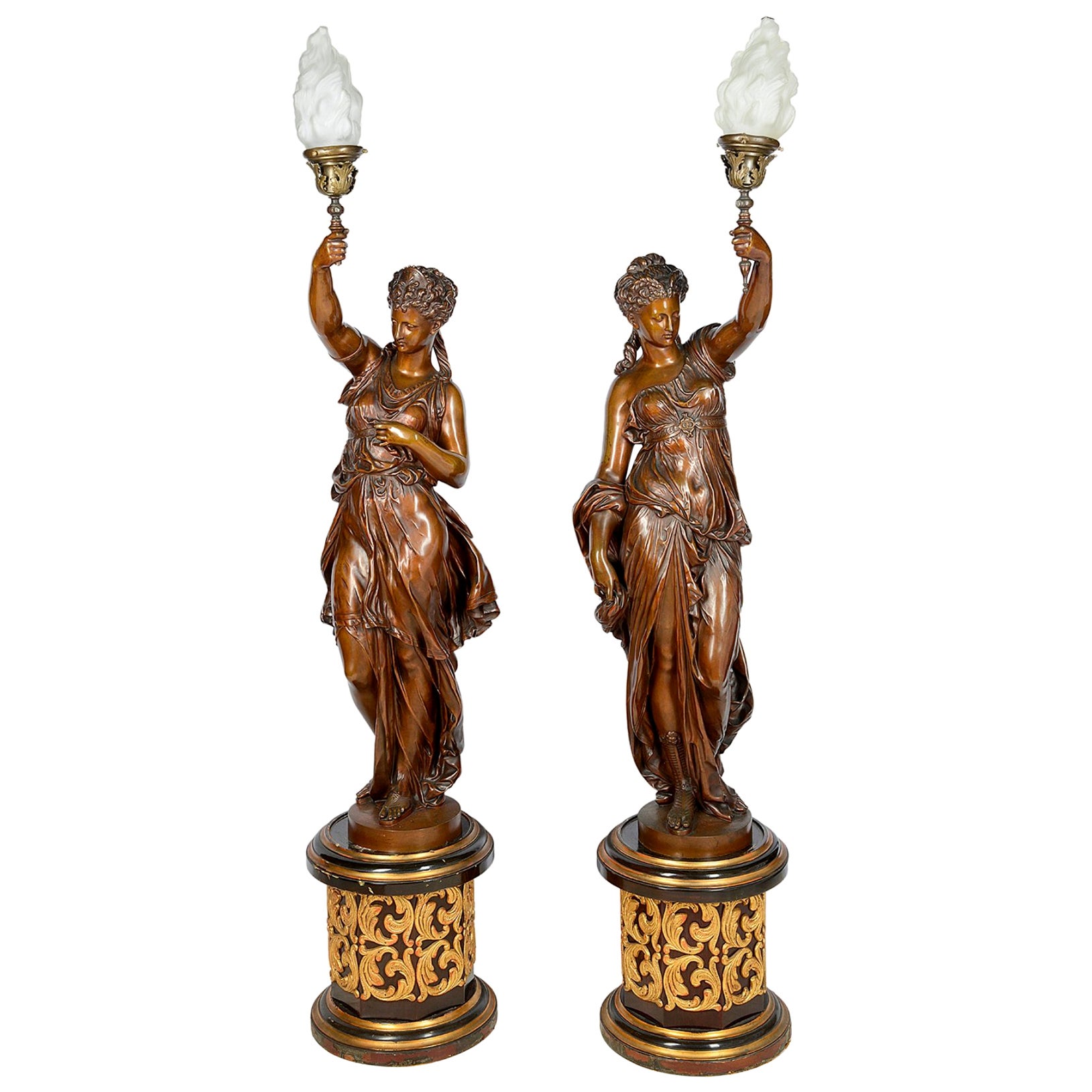 Fine Pair of 19th Century Bronze Figural Lamps in the Style of Moreau