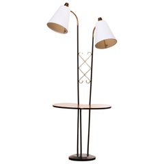 1950s, Teak, Brass and Black Metal Two Lights Floor Lamp with Table