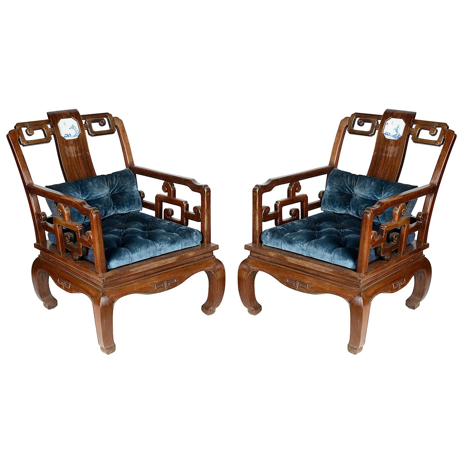Pair Late 19th Century Chinese Hardwood Armchairs For Sale