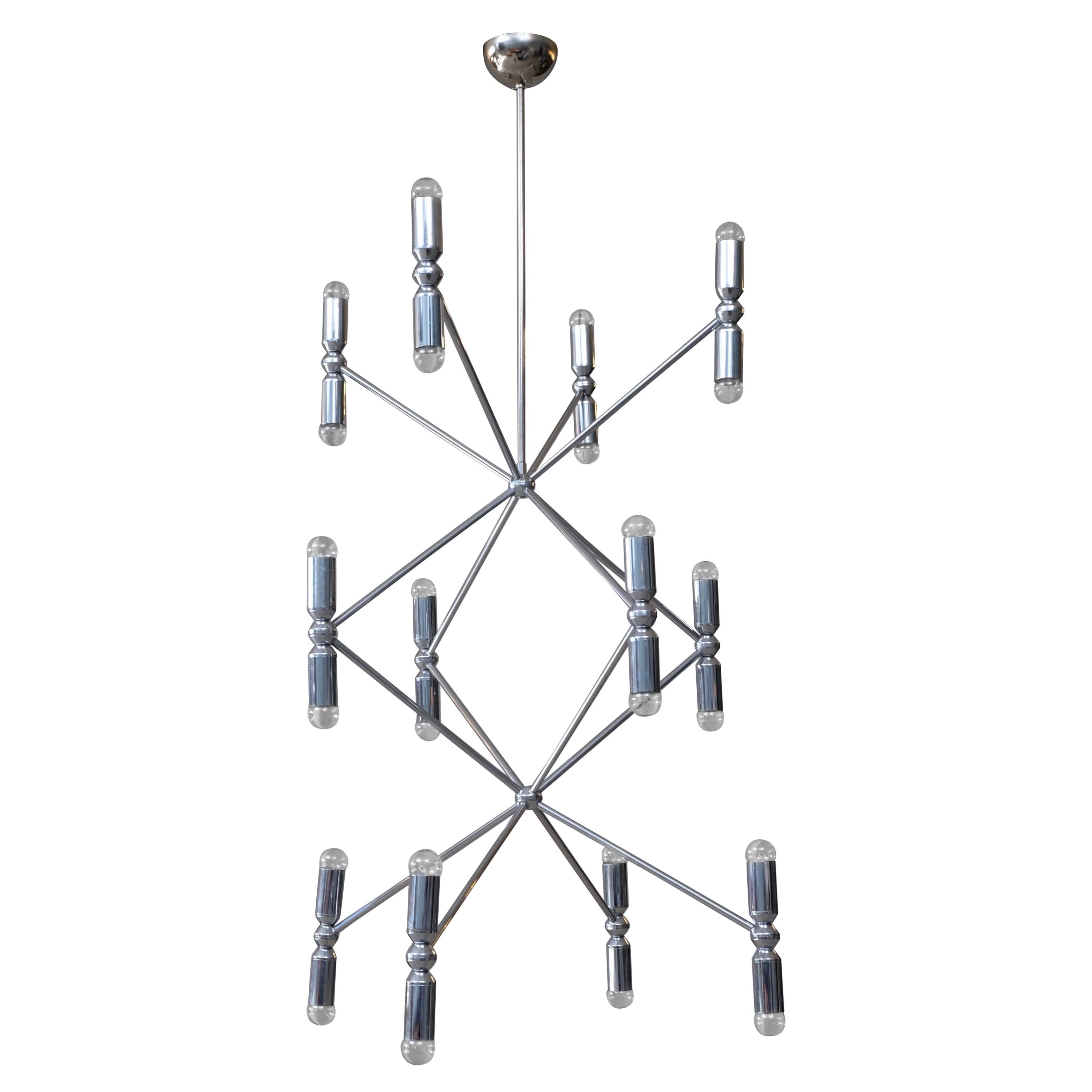 Rare 12-Arm Chandelier with 24 Lights in Chrome, 1970s For Sale