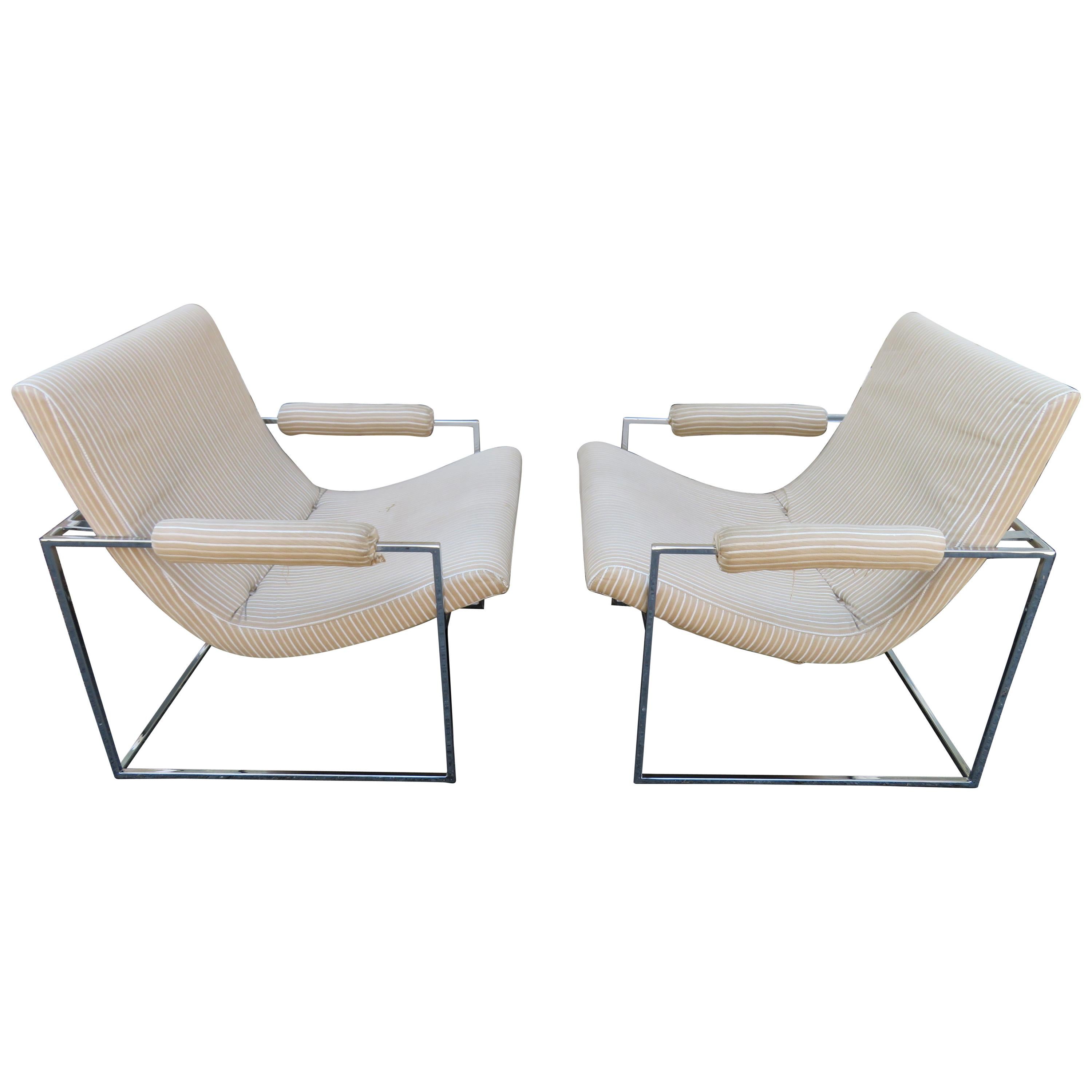 Fantastic Pair of Milo Baughman Chrome Frame Scoop Chairs Mid-Century Modern