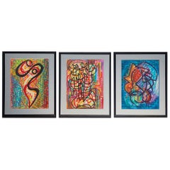Set of Three Mid-Century Modern Watercolor Paintings from France in Custom Frame