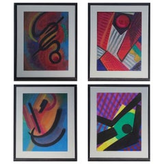 Set of Four Mid-Century Modern Watercolor Paintings from France in Custom Frame