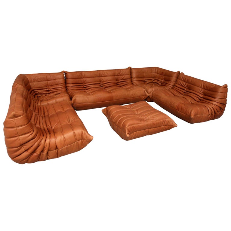 CERTIFIED Ligne Roset TOGO Large set in natural COGNAC Leather, DIAMOND QUALITY For Sale