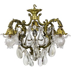 Bronze Belle Époque Glass Flower and Smooth Almond Crystal Chandelier