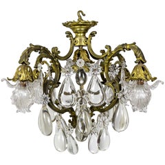 Antique Bronze Belle Époque Glass Flower and Smooth Almond Crystal Chandelier