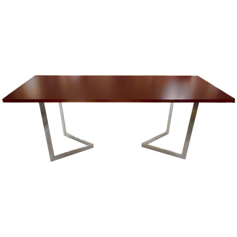  Françoise Sée Trestles Table Desk with a Red Lacquer Top, France, 1970 For Sale