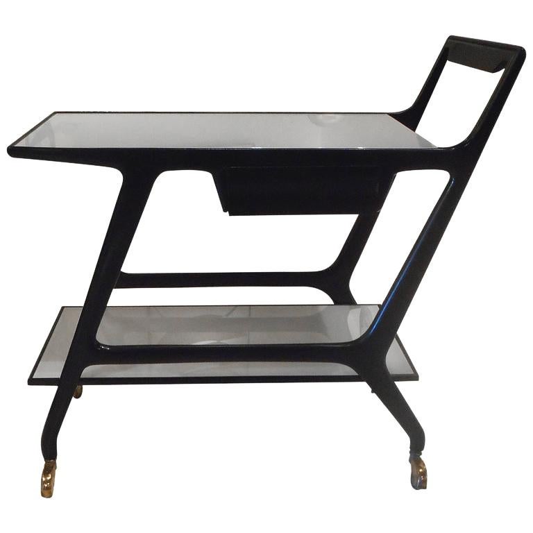 Black Lacquer Trolley With White Opaline Trays by Cesare Lacca