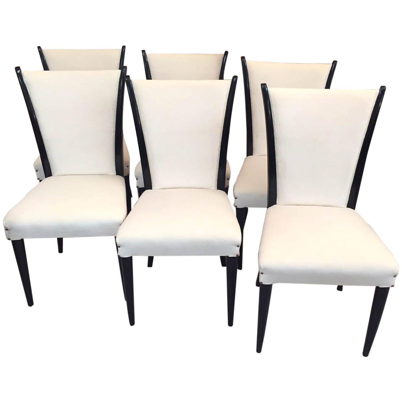 Art Deco Black Lacquered Wood and Ivory Velvet Italian Chairs, 1930s