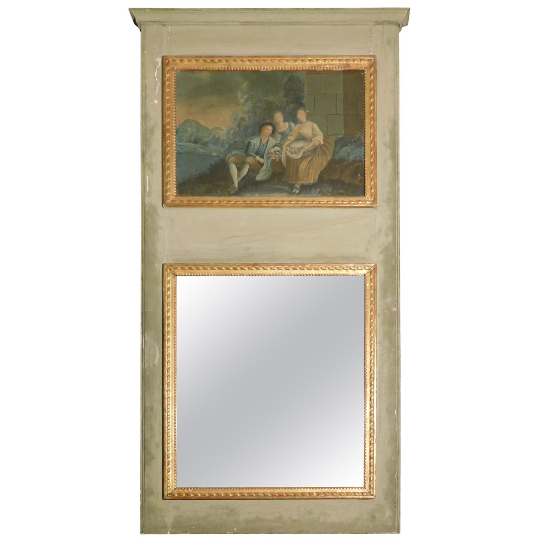 Antique Lacquered Wood Mirror with Painting, Goldened, Early 1800s, Italy