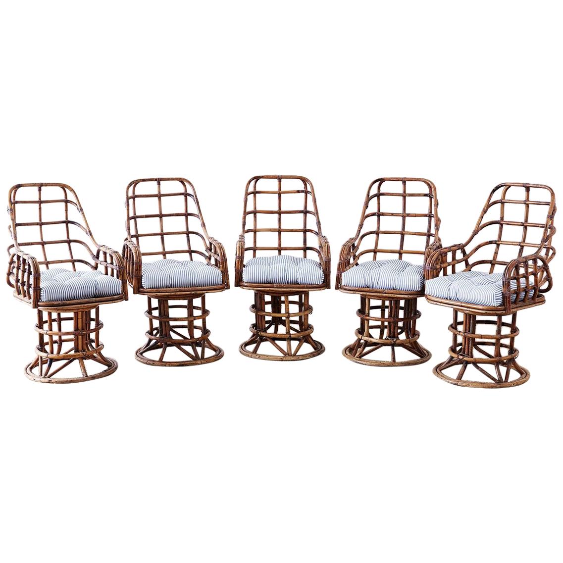 Franco Albini Style Bamboo Rattan Swivel Lounge Chairs