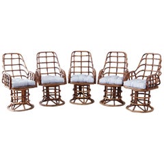 Vintage Franco Albini Style Bamboo Rattan Swivel Lounge Chairs