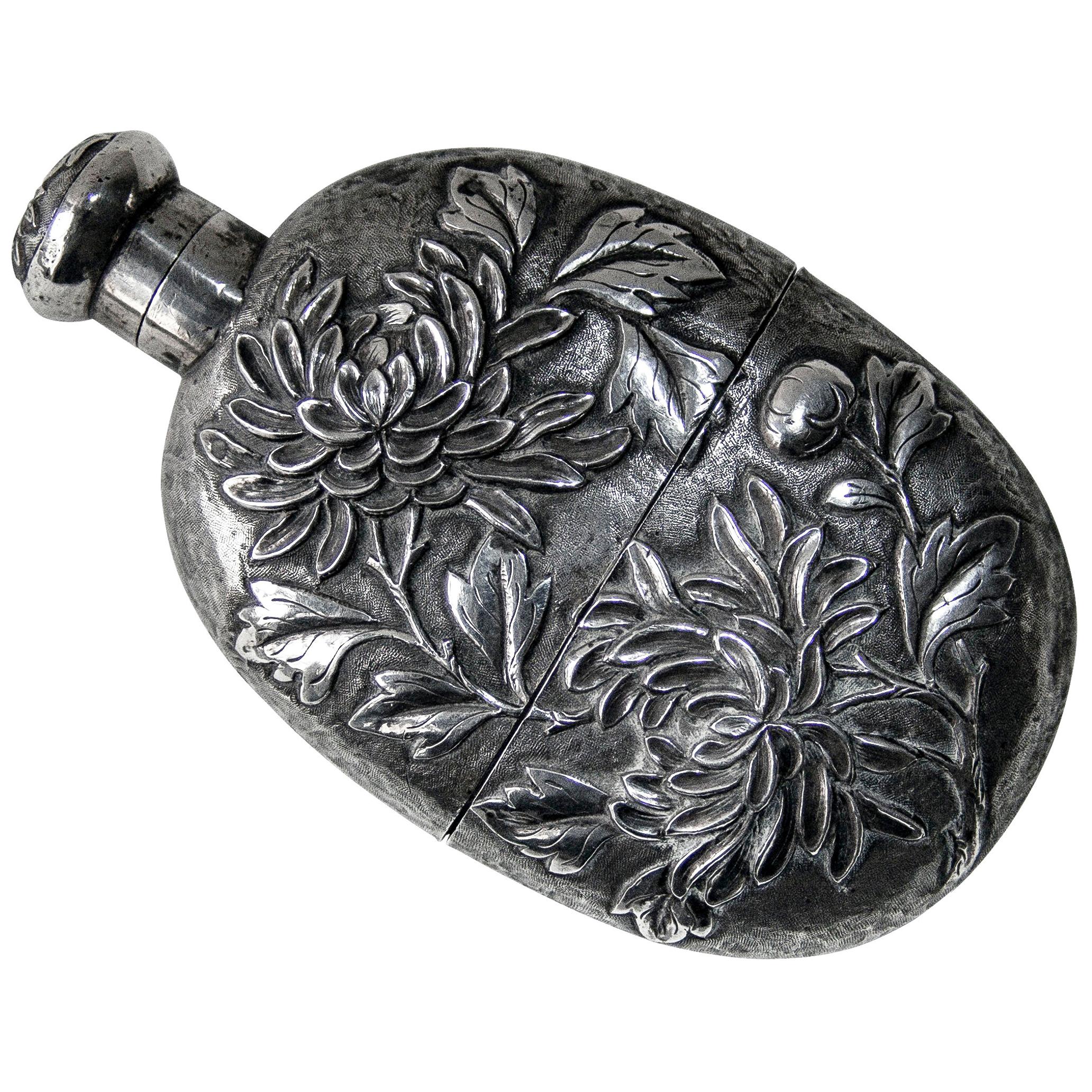 19th Century Antique Chinese Export Silver Hip Flask For Sale