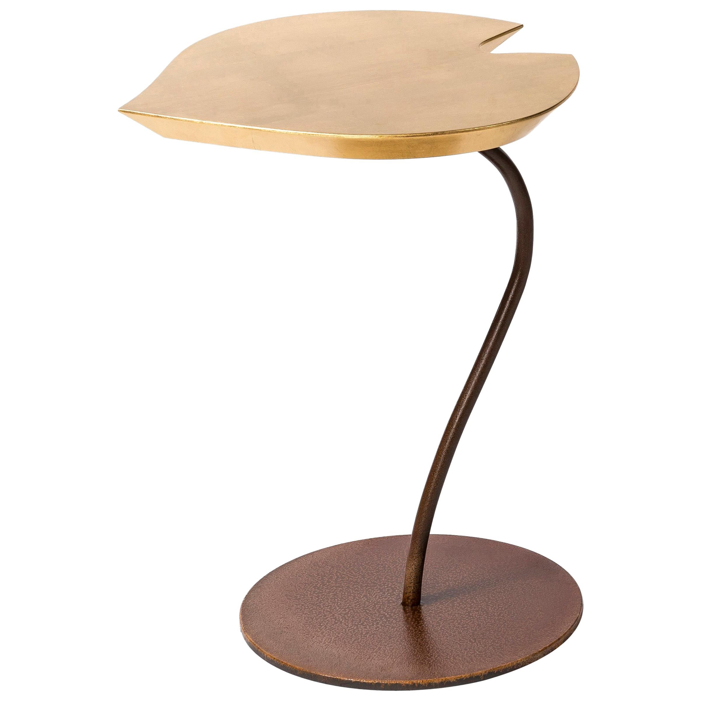 Small Table Leaf in Wood, Top in Golden Leaf, Base in Metal Corten Finish, Italy For Sale