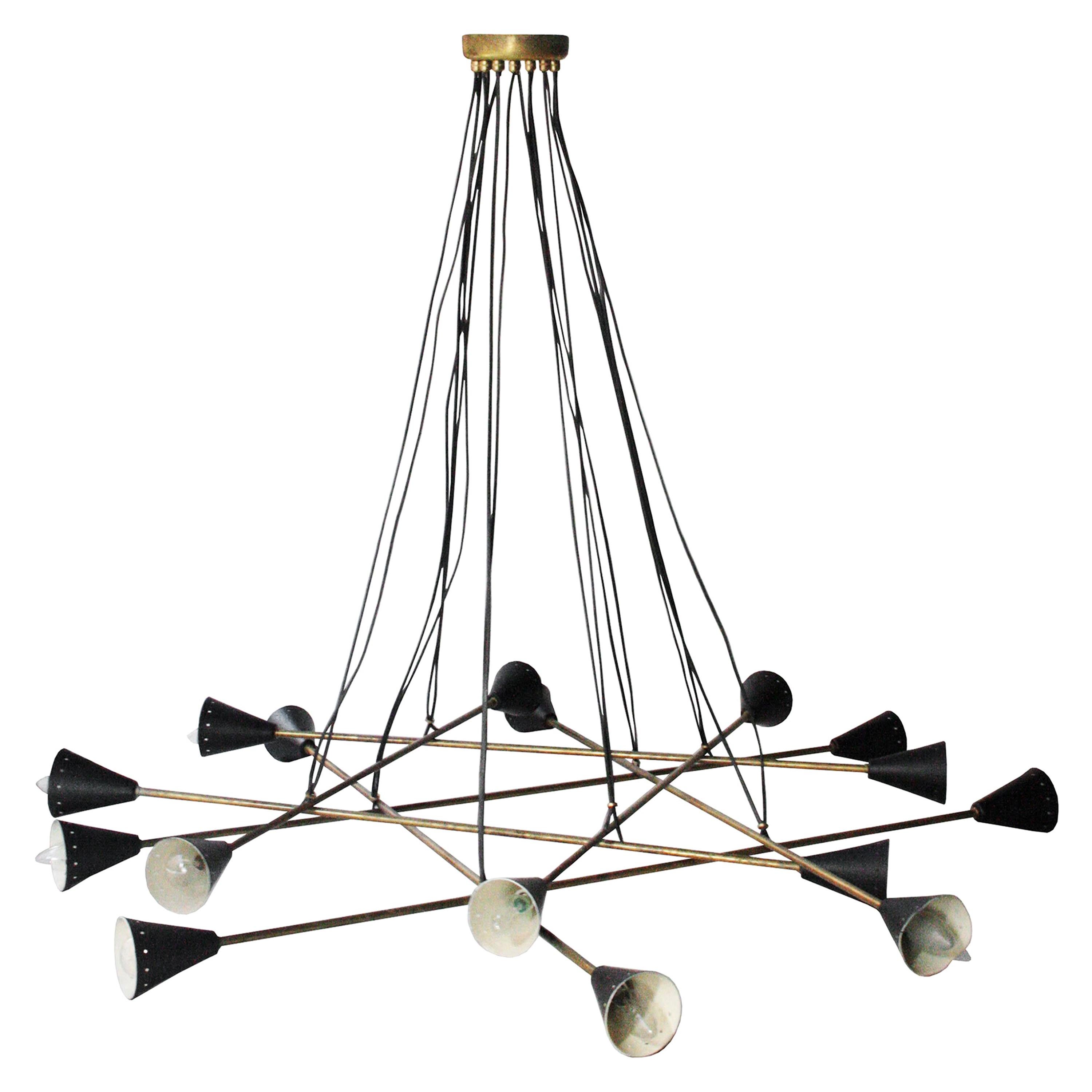 After Stilnovo Triangular Black Brass Ceiling Lamp Italian, 1950