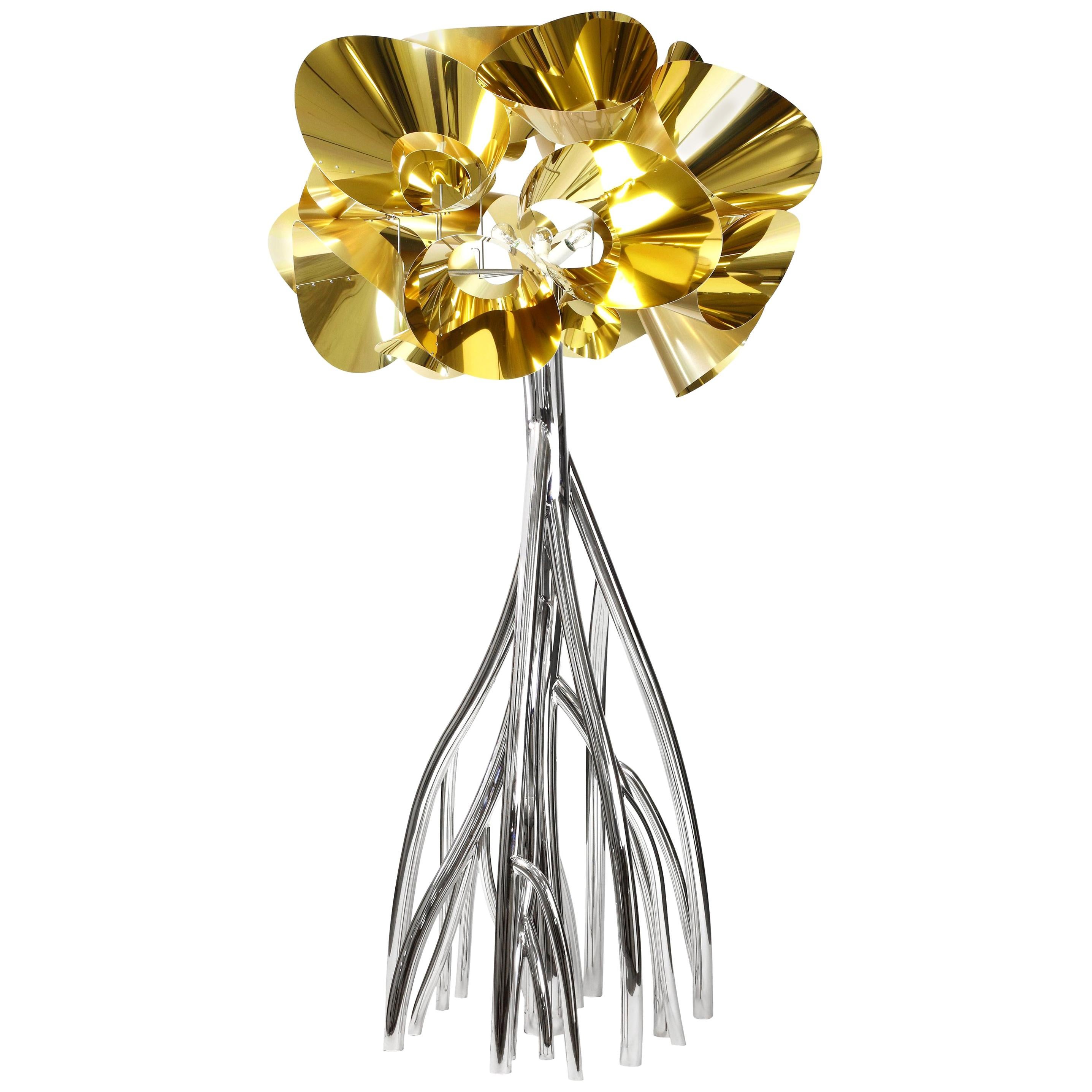 Stehlampe Dekorative Große Skulptur Spiegel Stahl Gold Lampenschirm Blossom Italien im Angebot