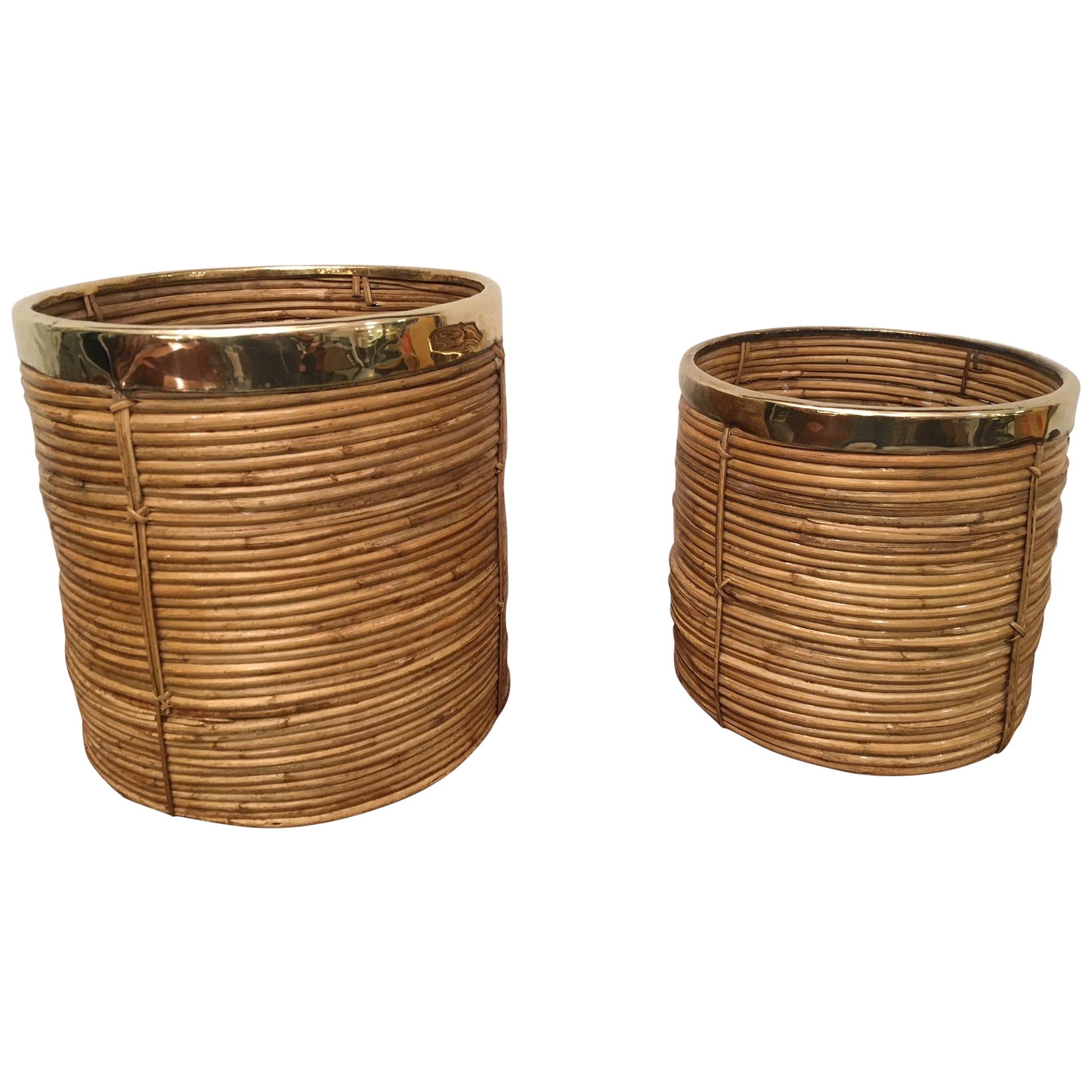 Two Rattan and Brass Planter, 1970s