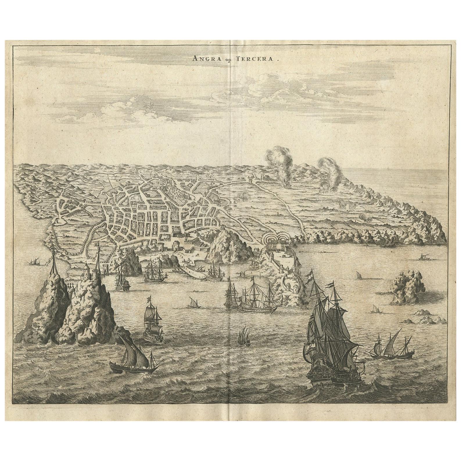 Impression ancienne d'Angra Azores par A. Montanus, 1671 en vente