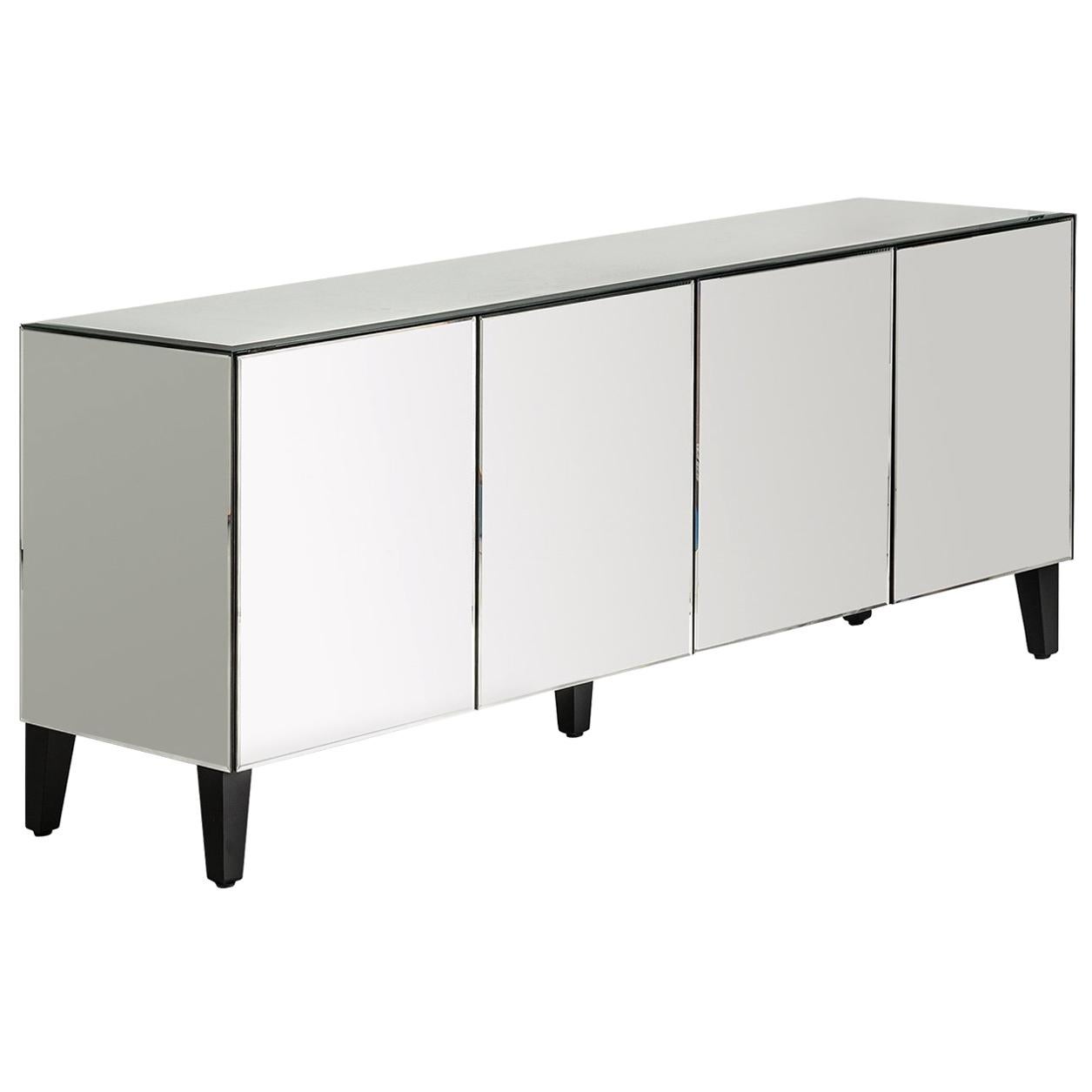 All in Beveled Mirrored and Black Compas Feet Sideboard