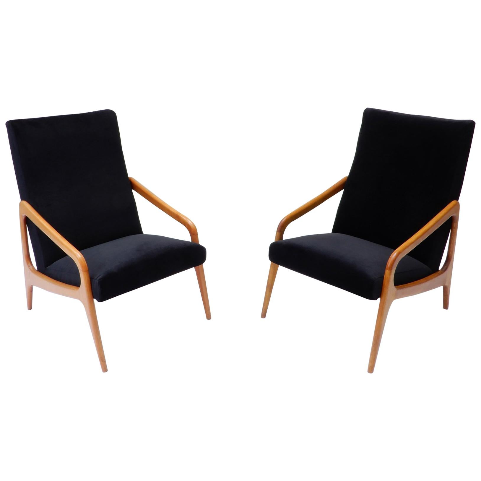 Pair of French Wooden Black Velvet Chairs, 1960s