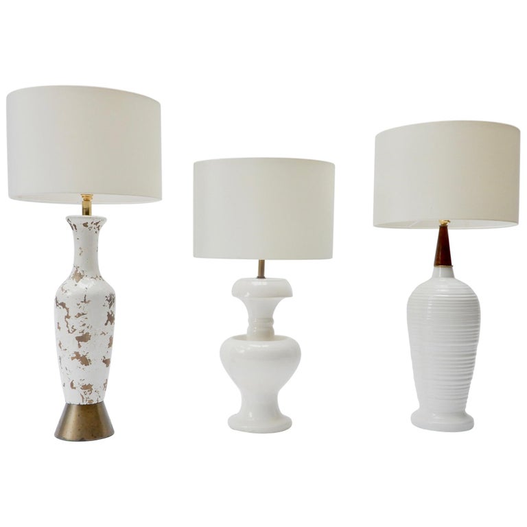 Set Of 3 American Vintage White Ceramic, Antique White Glass Table Lamps