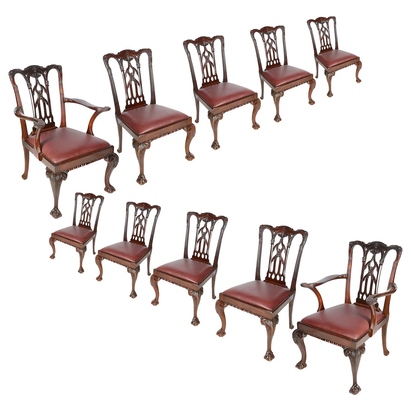 10 Chippendale Revival Mahogany Dining Chairs, circa 1900 For Sale