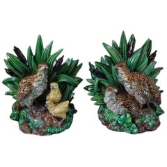 Rare Pair of Hugo Lonitz Majolica Partridge and Chicks Planters